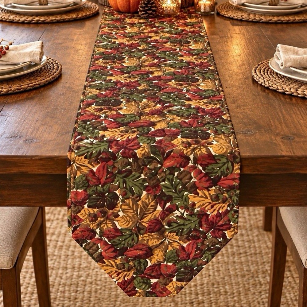 Quilted Fall Leaves Table Runner Pointed Ends Country Multicolor Thanksgiving